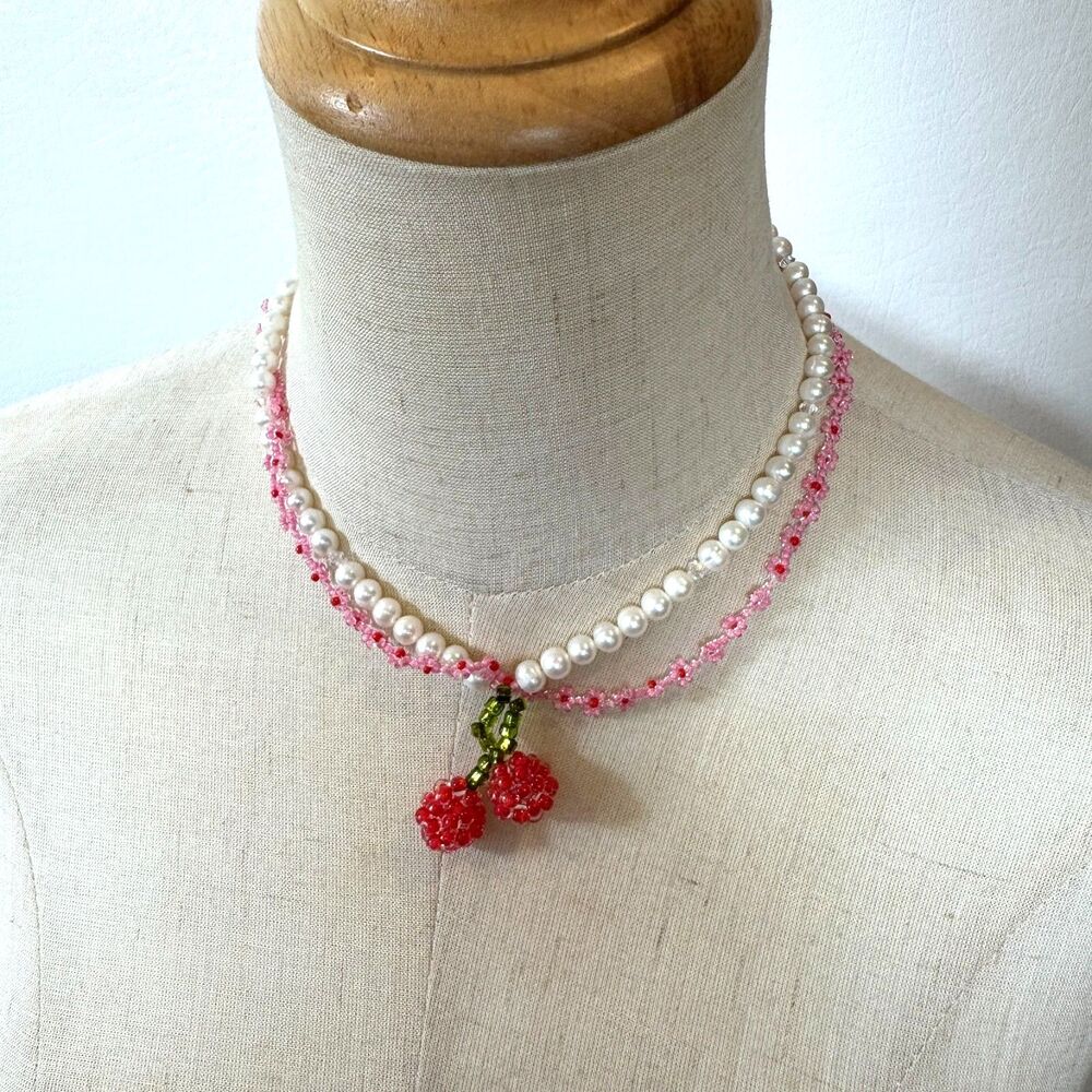 Cissy's Double Cherry Beaded Two Strand Necklace Red Faux Pearl